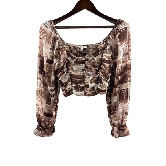 Rabbit Rose Tops - Women’s Rabbit Rose Large Brown & White Newspaper Patterned Cropped Blouse